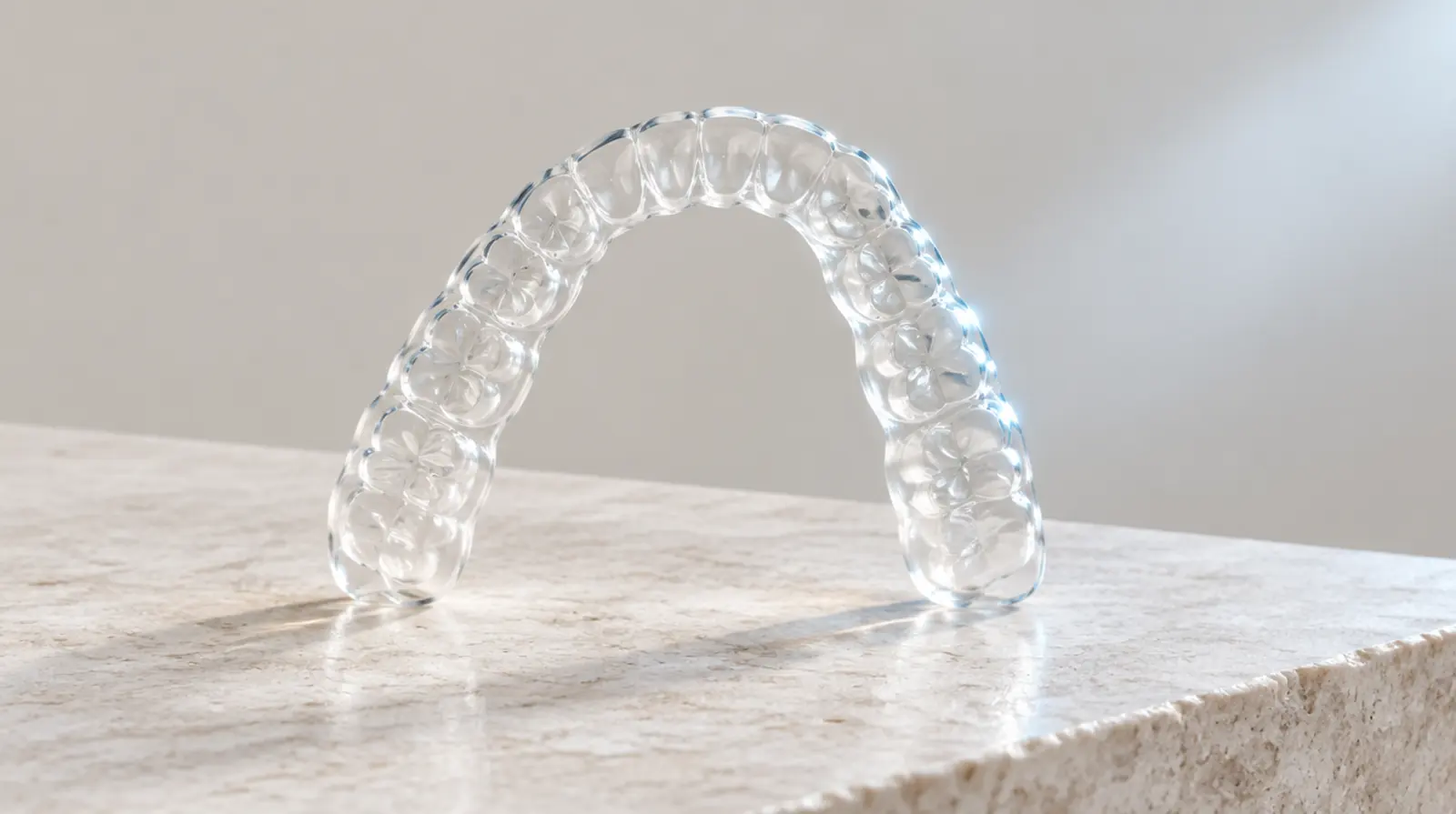A clear orthodontic aligner standing on a pale stone surface