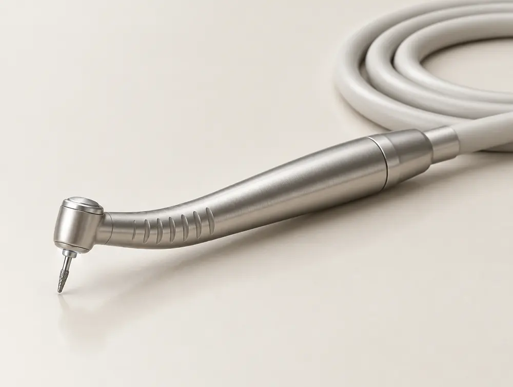 A dental handpiece and bur resting on a pale worktop