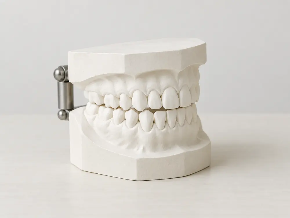A white dental study model of upper and lower teeth