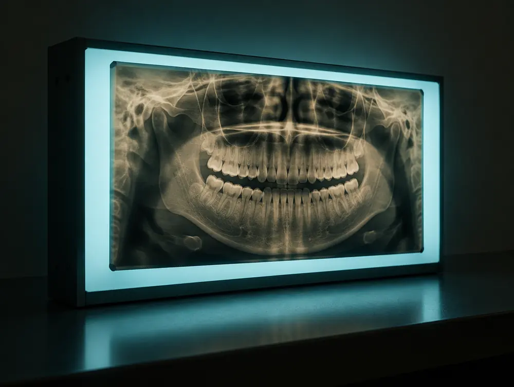 A panoramic dental radiograph on a softly glowing light box
